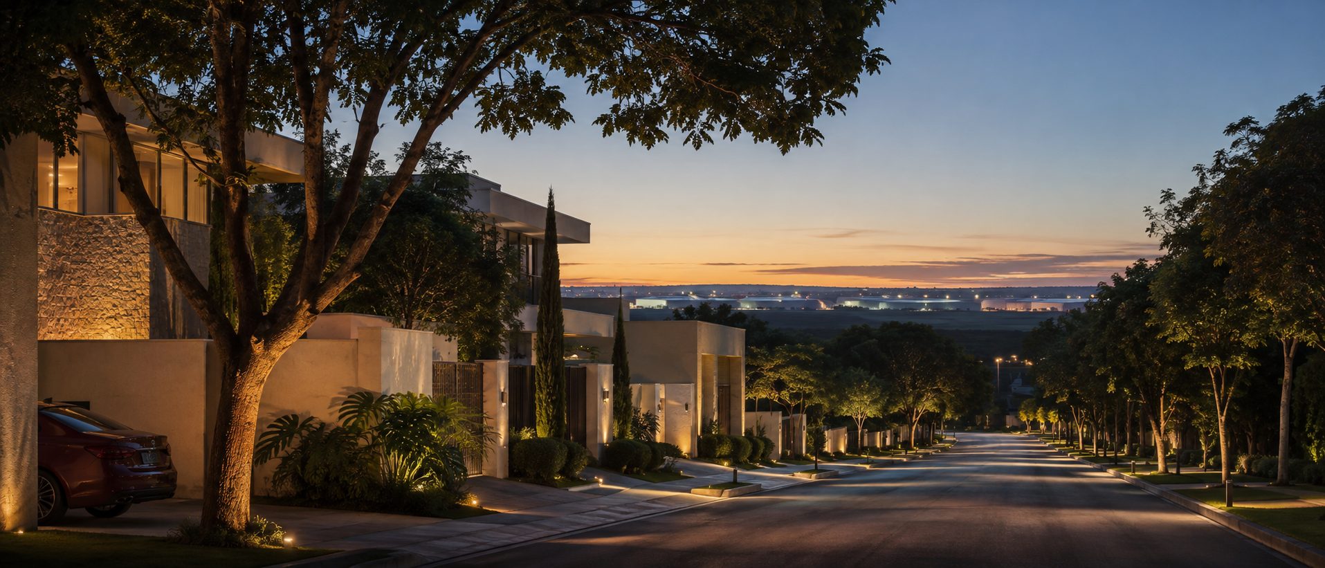 Rua residencial no bairro Éden ao entardecer, com polo industrial ao fundo