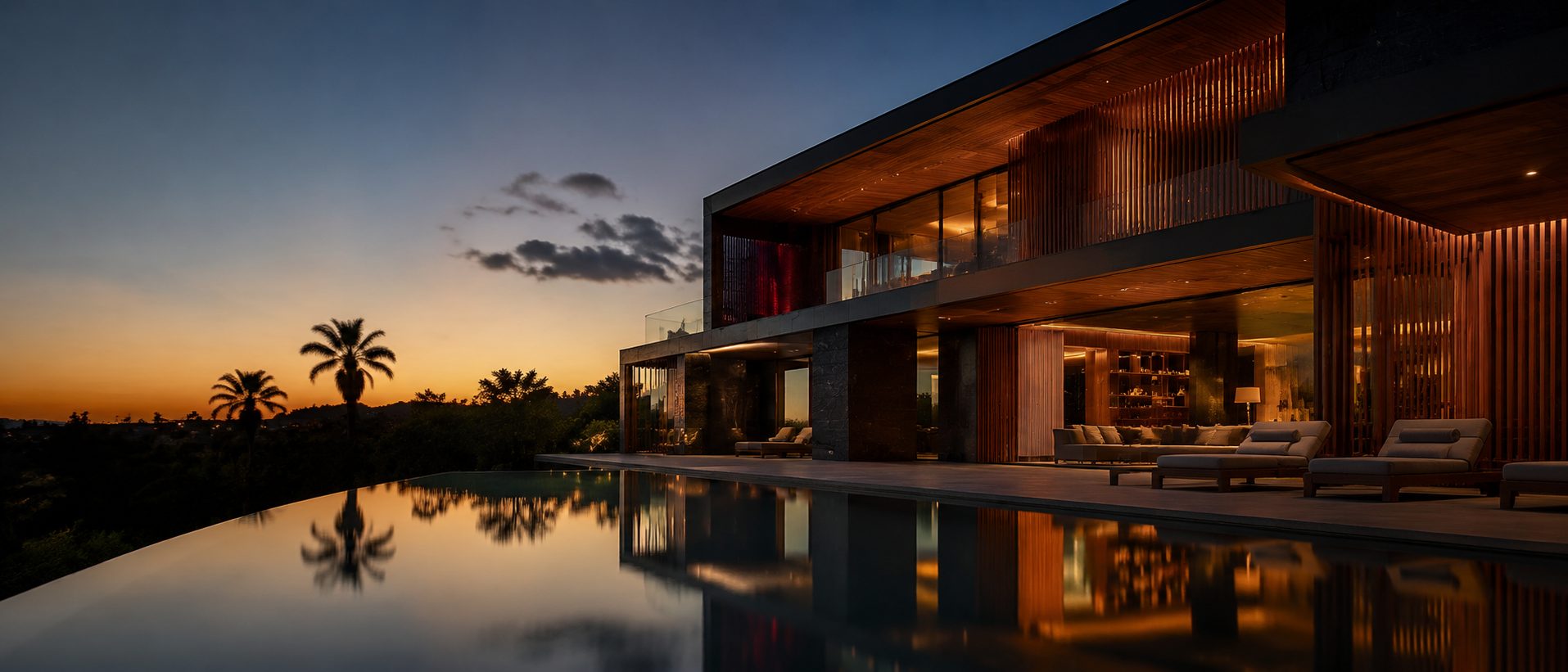 Mansão de alto padrão ao entardecer com piscina de borda infinita — Tenda Imóveis
